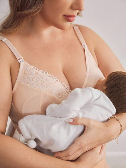 Plus Size Maternity Lingerie Bra With Hook, Underwire, Lace Patchwork, Nursing Friendly Design