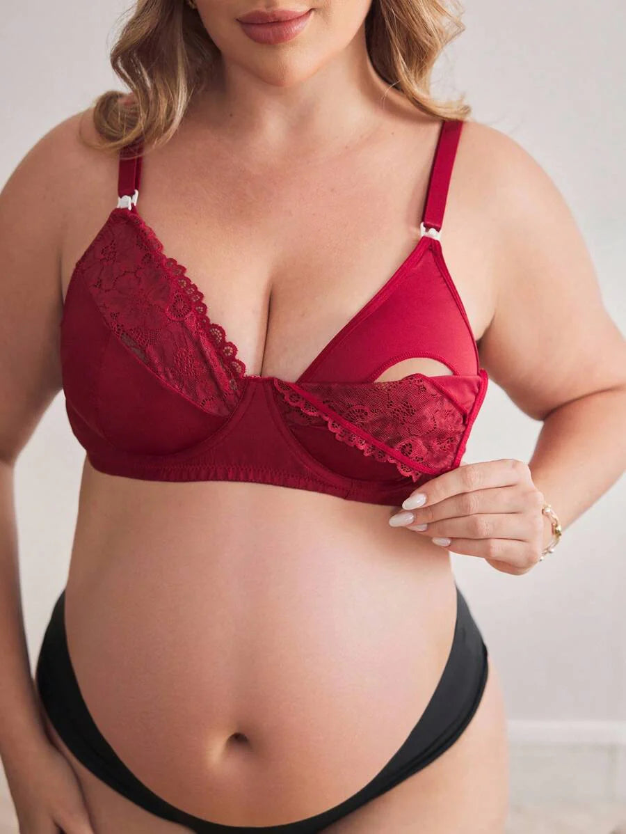 Plus Size Lace Nursing Bra - Hook Closure Underwire Lift Support, Breastfeeding Lingerie