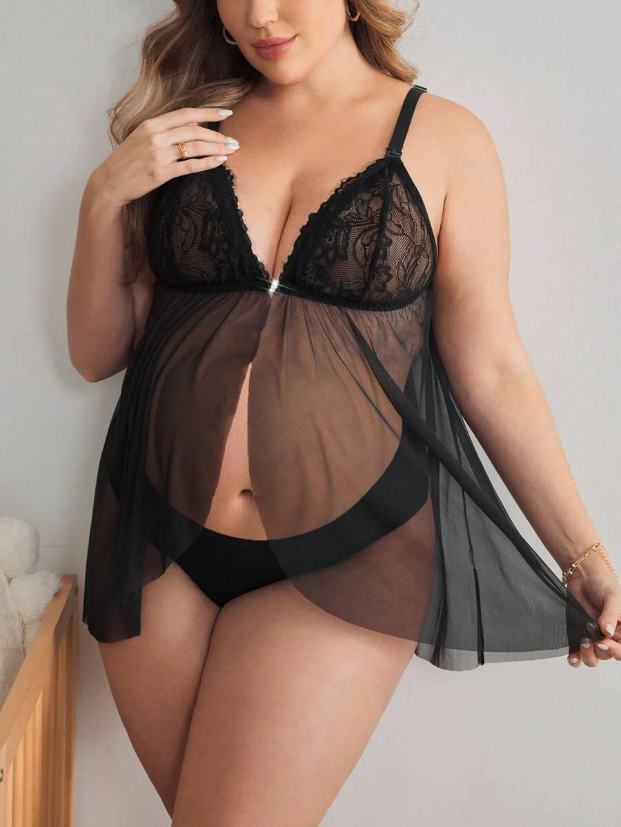 Maternity Nursing Bra - Lace Mesh Patchwork Ruffle Trim Front Closure Romantic, Black