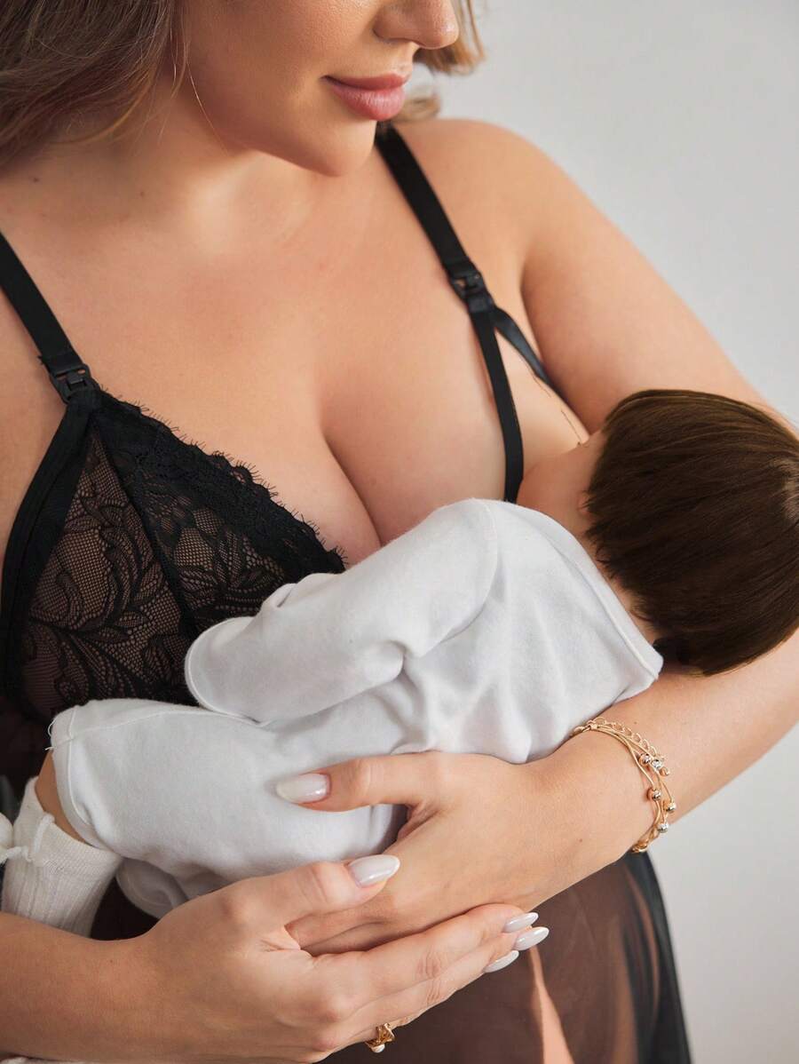 Maternity Nursing Bra - Lace Mesh Patchwork Ruffle Trim Front Closure Romantic, Black