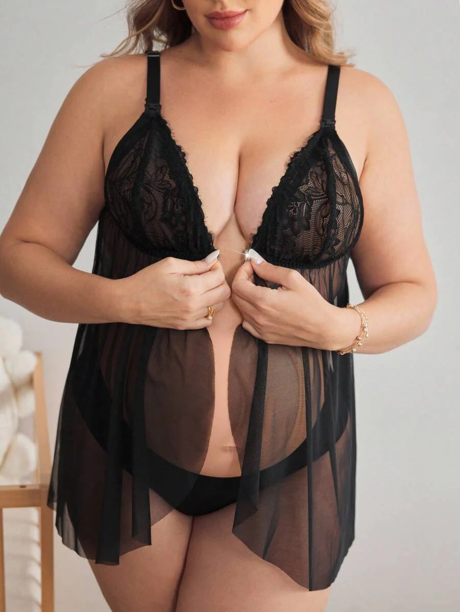 Maternity Nursing Bra - Lace Mesh Patchwork Ruffle Trim Front Closure Romantic, Black