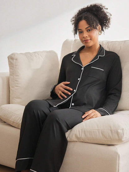 Maternity Nursing Sleepwear Set - Black Colorblock Long Sleeve Top and Pants - Casual 2 Piece Nursing Pajamas for Fall and Winter