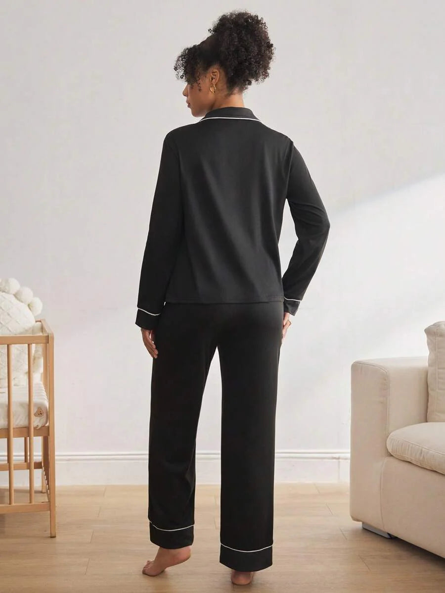 Maternity Nursing Sleepwear Set - Black Colorblock Long Sleeve Top and Pants - Casual 2 Piece Nursing Pajamas for Fall and Winter