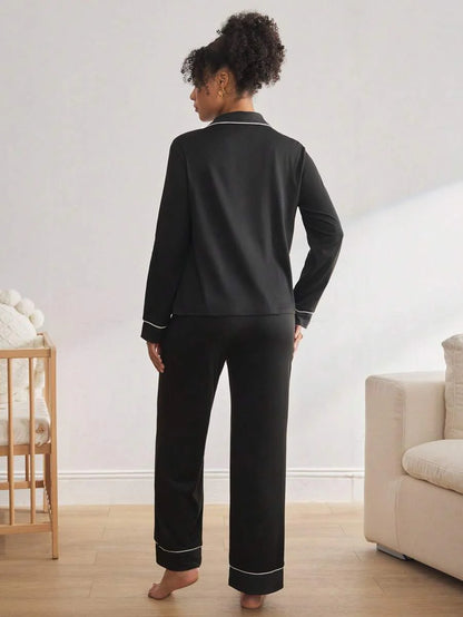Maternity Nursing Sleepwear Set - Black Colorblock Long Sleeve Top and Pants - Casual 2 Piece Nursing Pajamas for Fall and Winter