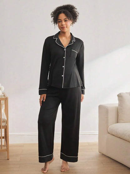 Maternity Nursing Sleepwear Set - Black Colorblock Long Sleeve Top and Pants - Casual 2 Piece Nursing Pajamas for Fall and Winter