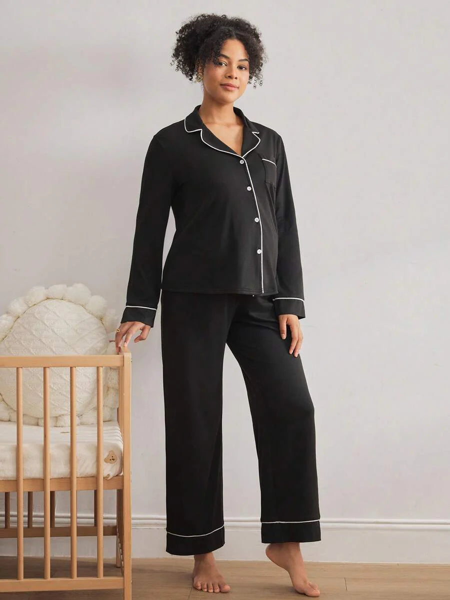 Maternity Nursing Sleepwear Set - Black Colorblock Long Sleeve Top and Pants - Casual 2 Piece Nursing Pajamas for Fall and Winter