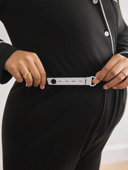 Maternity Nursing Sleepwear Set - Black Colorblock Long Sleeve Top and Pants - Casual 2 Piece Nursing Pajamas for Fall and Winter