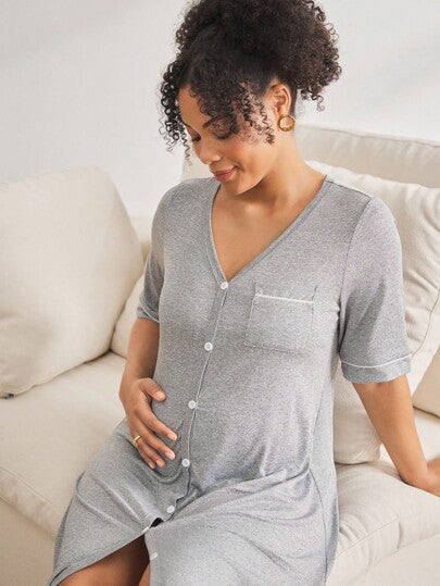 Maternity Breastfeeding Loungewear Set Women Short Sleeve Top and Knee Length Jumpsuit Pajamas