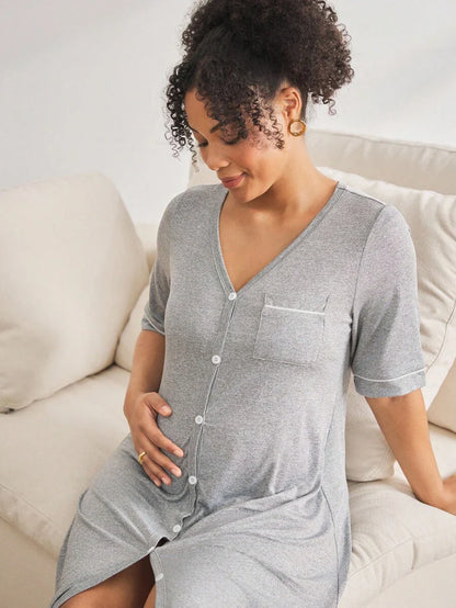 Maternity Breastfeeding Loungewear Set Women Short Sleeve Top and Knee Length Jumpsuit Pajamas