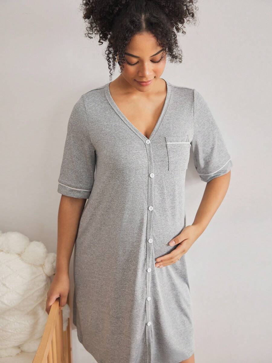 Maternity Breastfeeding Loungewear Set Women Short Sleeve Top and Knee Length Jumpsuit Pajamas