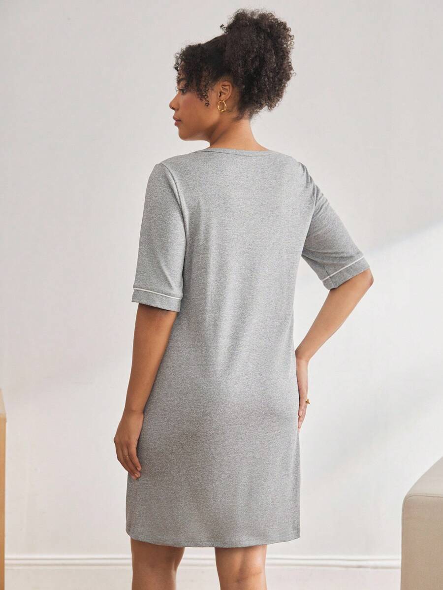 Black Short Sleeve Maternity Nursing Nightgown - Button Front V Neck Sleep Shirt - High Stretch Lace Trim Loungewear Pajama Dress