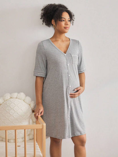 Maternity Breastfeeding Loungewear Set Women Short Sleeve Top and Knee Length Jumpsuit Pajamas