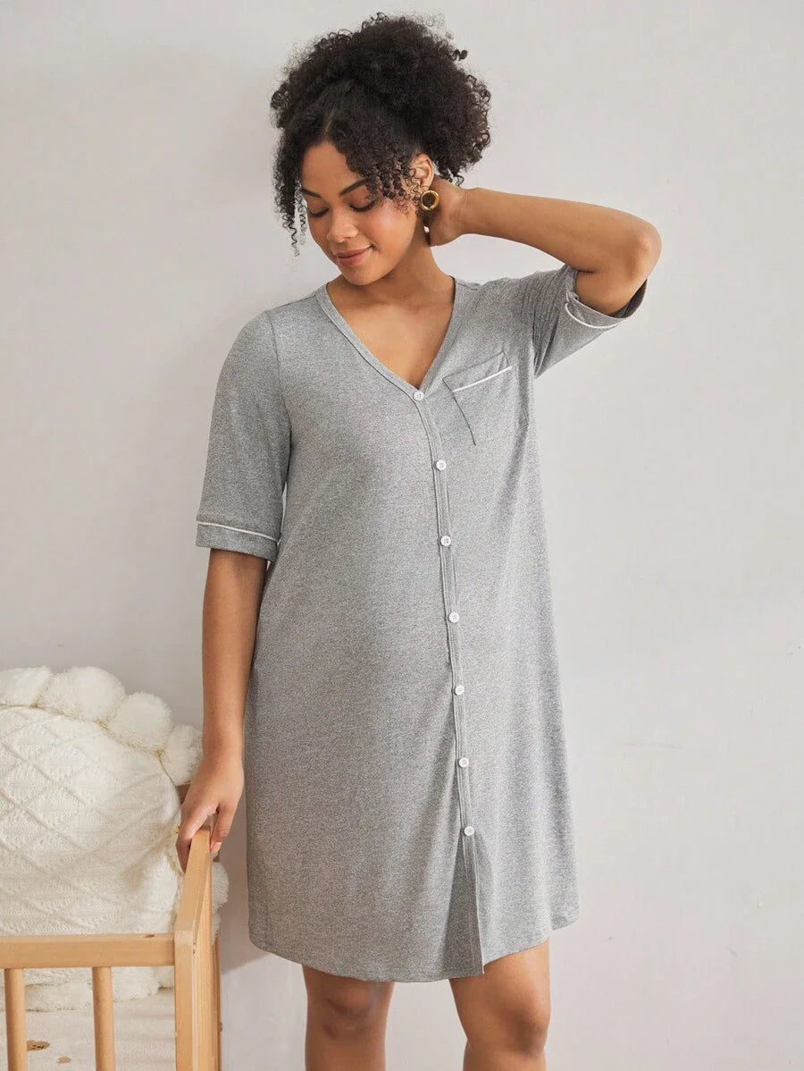 Black Short Sleeve Maternity Nursing Nightgown - Button Front V Neck Sleep Shirt - High Stretch Lace Trim Loungewear Pajama Dress