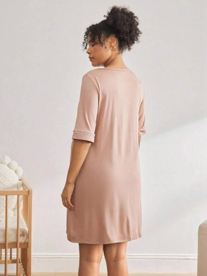 Black Short Sleeve Maternity Nursing Nightgown - Button Front V Neck Sleep Shirt - High Stretch Lace Trim Loungewear Pajama Dress