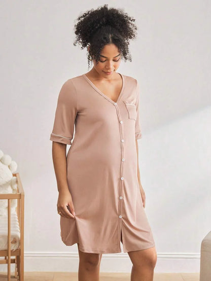 Maternity Breastfeeding Loungewear Set Women Short Sleeve Top and Knee Length Jumpsuit Pajamas