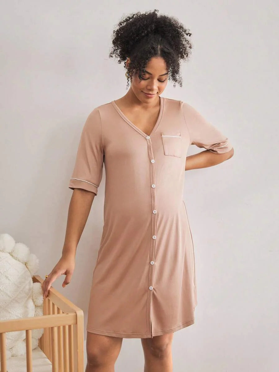 Maternity Short Sleeve Nursing Nightgown With Lace&Button,Fashion Loungewear Sleepwear Pajama Dress Sleep Shirt