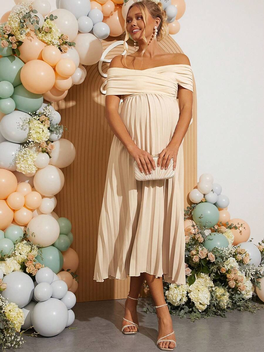 Maternity Off Shoulder Pleated Short Sleeve Dress Solid Color Slim Fit Elegant Pregnancy Gown for Baby Shower Gender Reveal Party Summer
