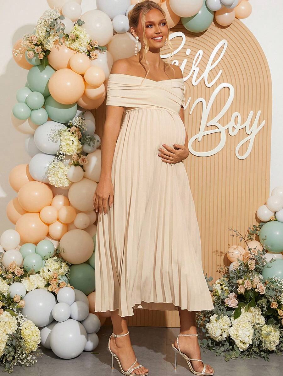 Maternity Off Shoulder Pleated Short Sleeve Dress Solid Color Slim Fit Elegant Pregnancy Gown for Baby Shower Gender Reveal Party Summer