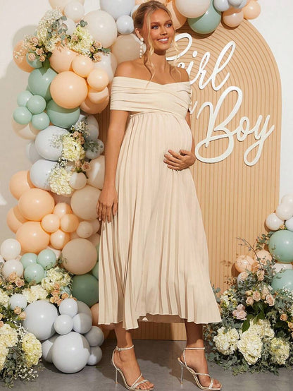 Maternity Off Shoulder Pleated Short Sleeve Dress Solid Color Slim Fit Elegant Pregnancy Gown for Baby Shower Gender Reveal Party Summer