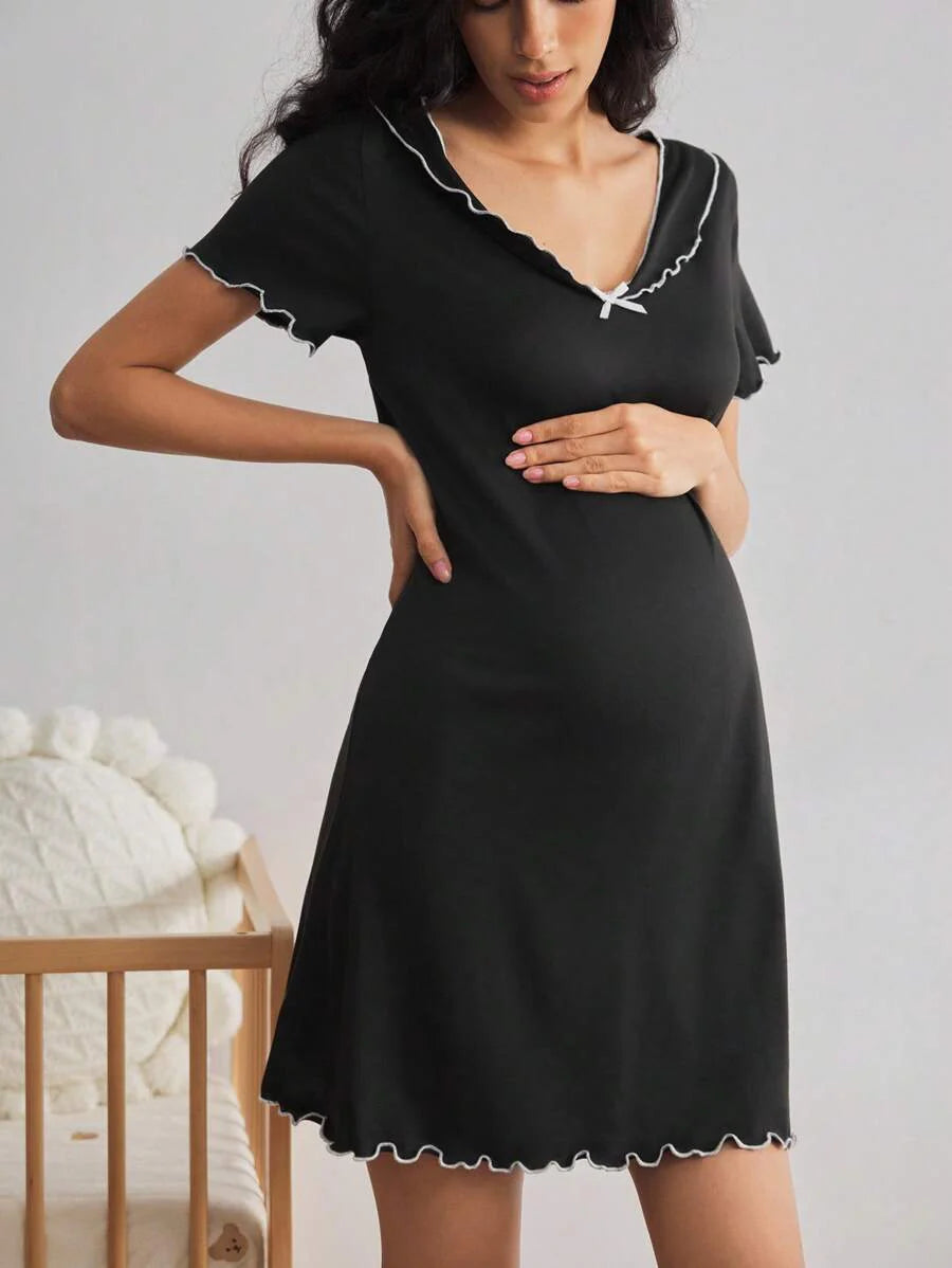 Black Short Sleeve Ruffle Trim Maternity Nightgown - V-Neck Contrast Lace High Stretch Loungewear - Plain Soft Knitted Long Sleepwear