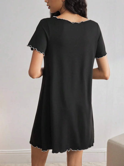 Black Short Sleeve Ruffle Trim Maternity Nightgown - V-Neck Contrast Lace High Stretch Loungewear - Plain Soft Knitted Long Sleepwear