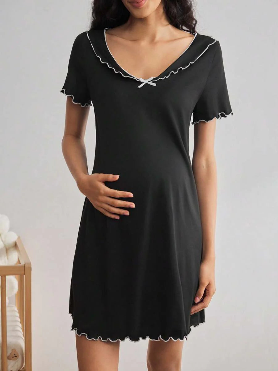Black Short Sleeve Ruffle Trim Maternity Nightgown - V-Neck Contrast Lace High Stretch Loungewear - Plain Soft Knitted Long Sleepwear