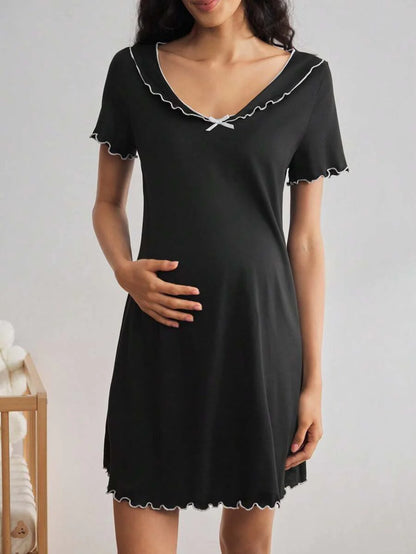 Black Short Sleeve Ruffle Trim Maternity Nightgown - V-Neck Contrast Lace High Stretch Loungewear - Plain Soft Knitted Long Sleepwear