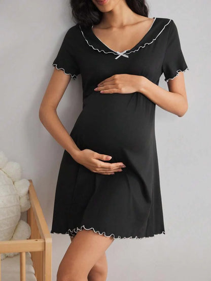 Black Short Sleeve Ruffle Trim Maternity Nightgown - V-Neck Contrast Lace High Stretch Loungewear - Plain Soft Knitted Long Sleepwear