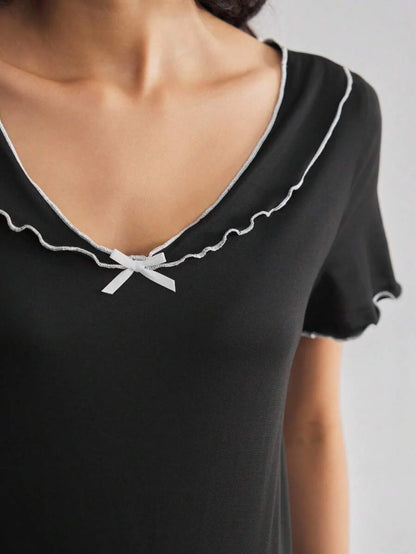 Black Short Sleeve Ruffle Trim Maternity Nightgown - V-Neck Contrast Lace High Stretch Loungewear - Plain Soft Knitted Long Sleepwear