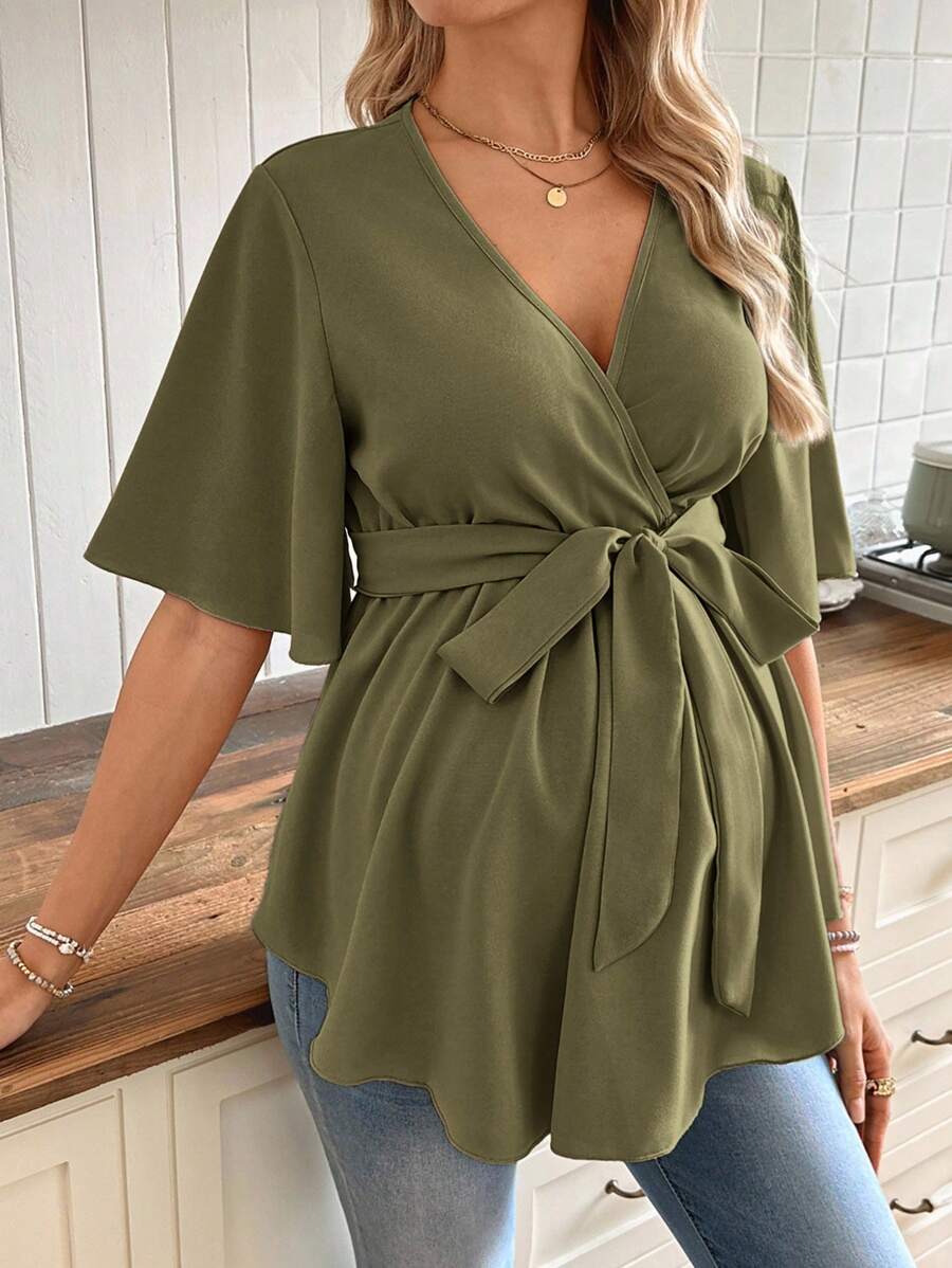 V-Neck Maternity Peplum Blouse with Flounce Sleeves and Adjustable Waist Belt in Dusty Pink for Work or Casual Wear