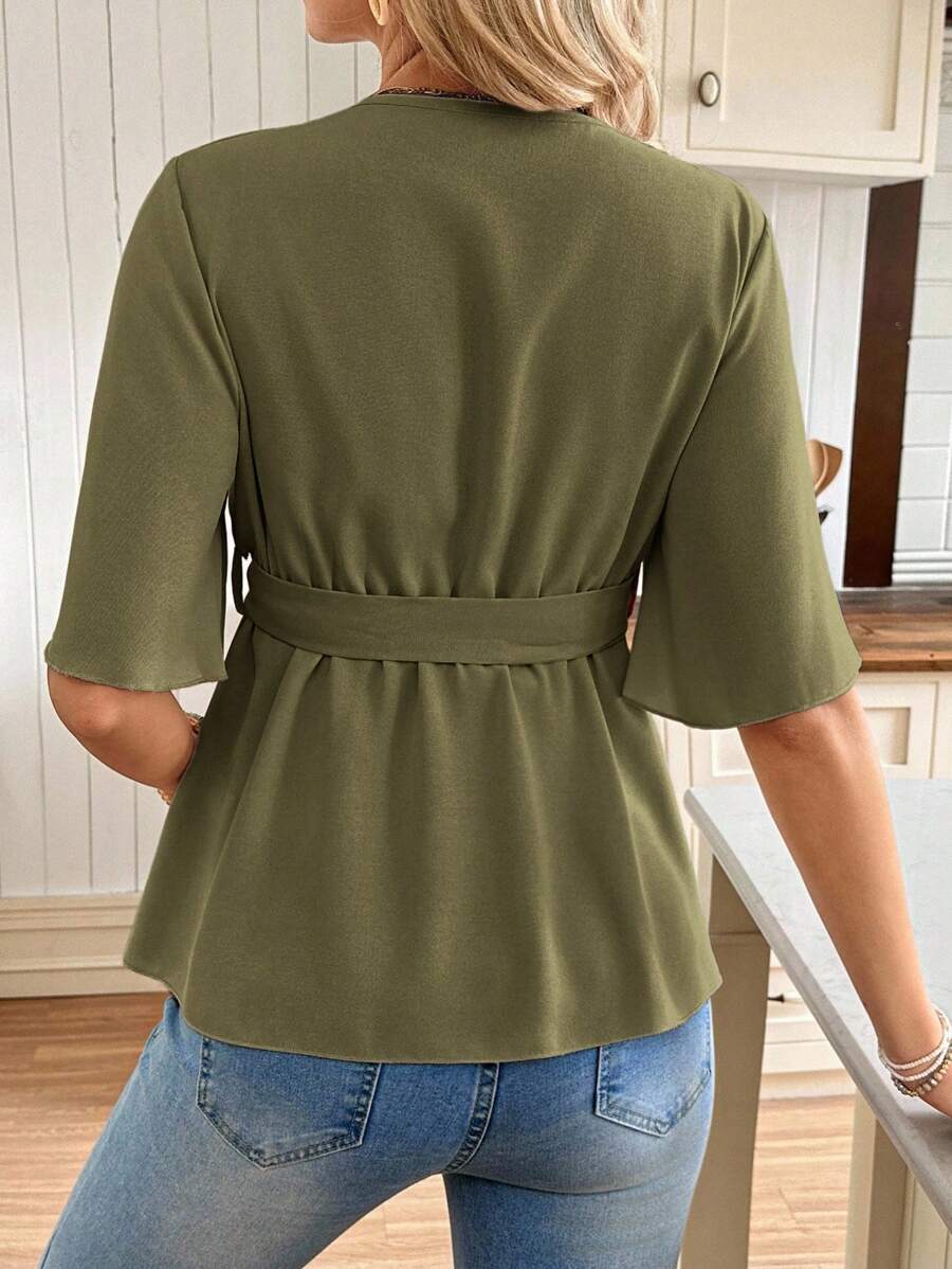 V-Neck Maternity Peplum Blouse with Flounce Sleeves and Adjustable Waist Belt in Dusty Pink for Work or Casual Wear