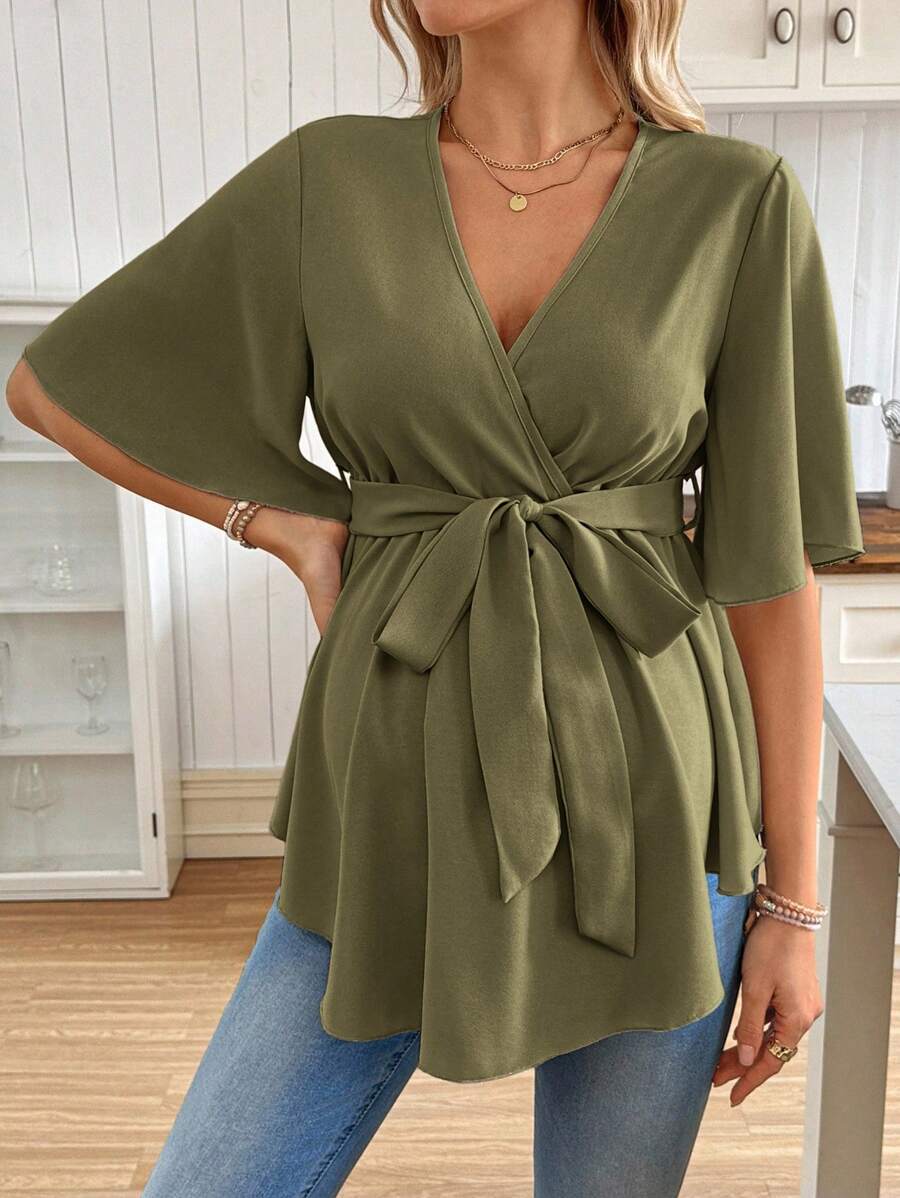 V-Neck Maternity Peplum Blouse with Flounce Sleeves and Adjustable Waist Belt in Dusty Pink for Work or Casual Wear