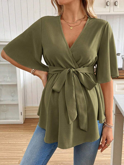 V-Neck Maternity Peplum Blouse with Flounce Sleeves and Adjustable Waist Belt in Dusty Pink for Work or Casual Wear