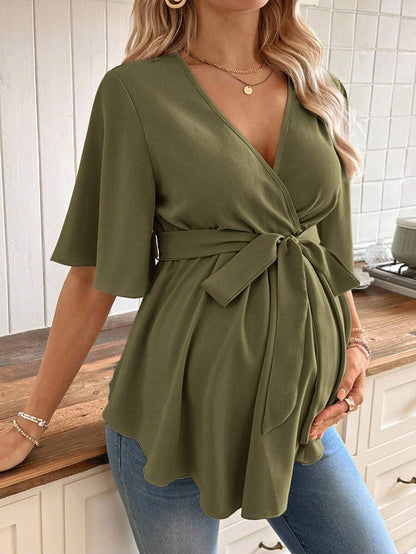 V-Neck Maternity Peplum Blouse with Flounce Sleeves and Adjustable Waist Belt in Dusty Pink for Work or Casual Wear