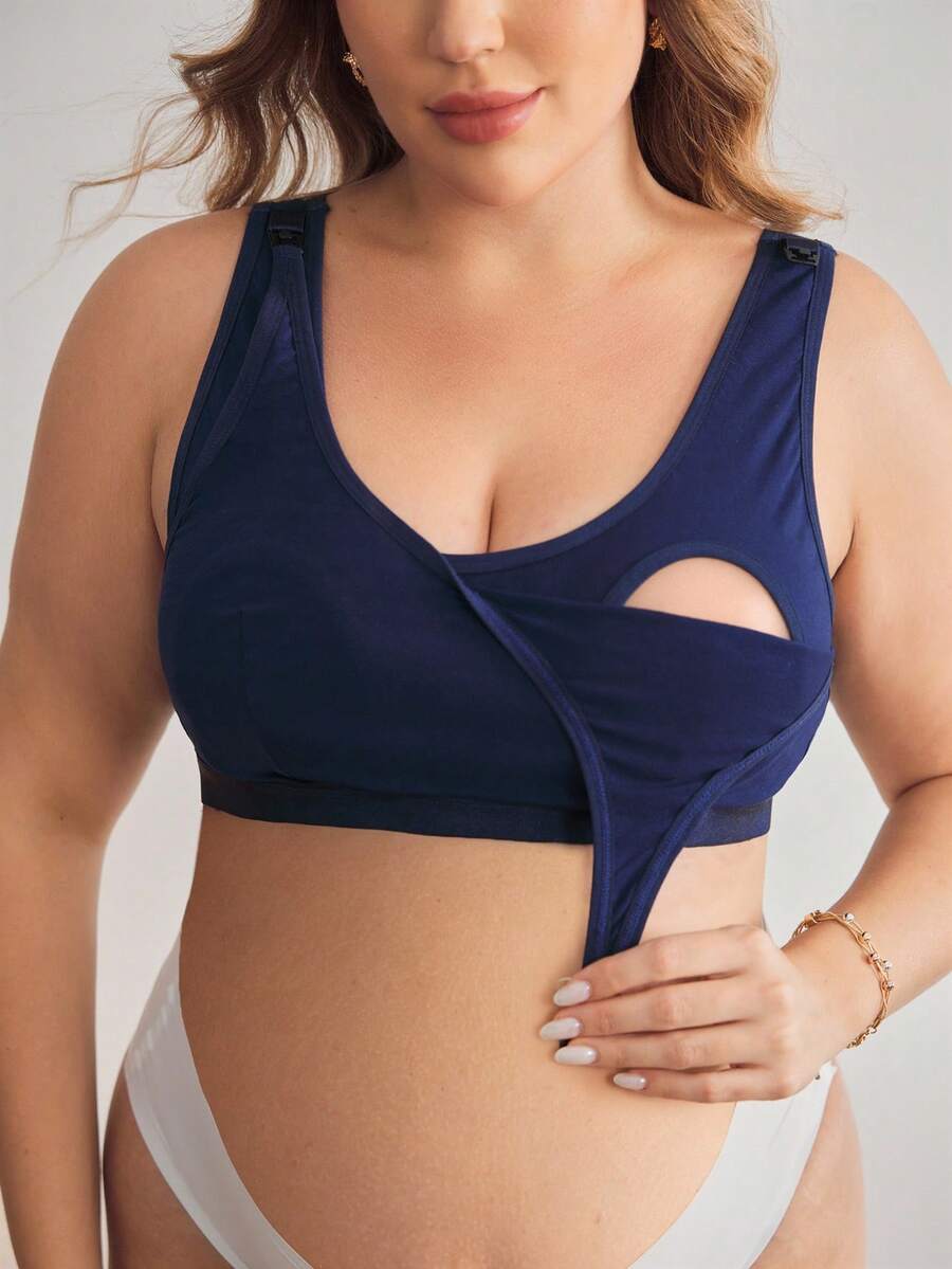 Maternity Plus Size Wireless Nursing Bra - Full Cup, Removable Straps, Navy Blue