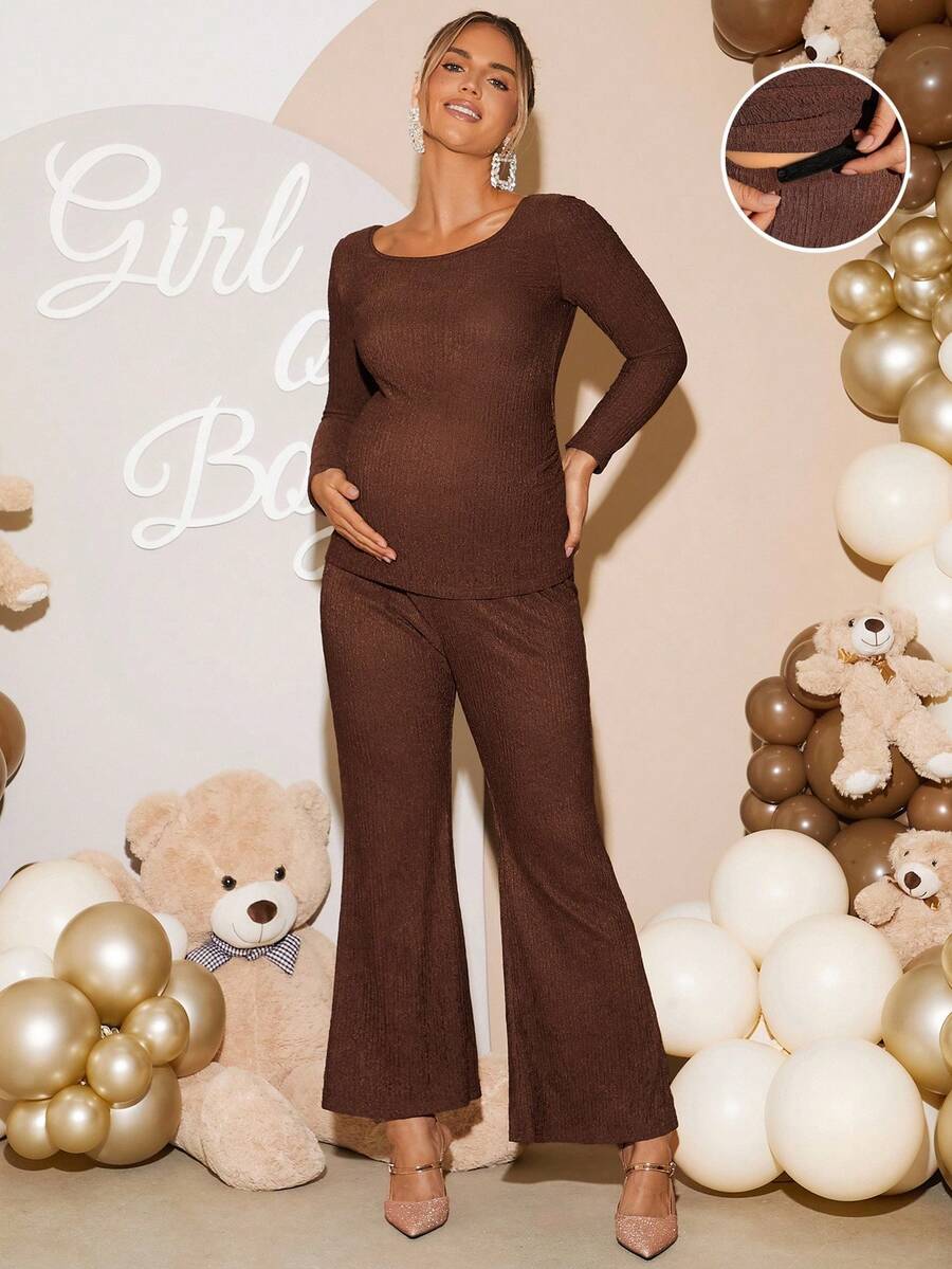 2 Piece Maternity Set Casual Solid Brown Long Sleeve Scoop Neck Top and Flare Pants for Pregnancy Baby Shower and Photoshoot