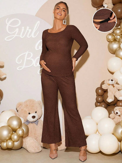 2 Piece Maternity Set Casual Solid Brown Long Sleeve Scoop Neck Top and Flare Pants for Pregnancy Baby Shower and Photoshoot