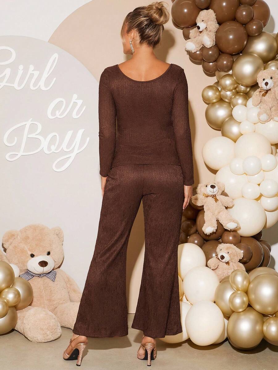 2 Piece Maternity Set Casual Solid Brown Long Sleeve Scoop Neck Top and Flare Pants for Pregnancy Baby Shower and Photoshoot