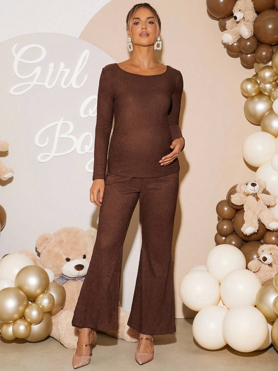 2 Piece Maternity Set Casual Solid Brown Long Sleeve Scoop Neck Top and Flare Pants for Pregnancy Baby Shower and Photoshoot