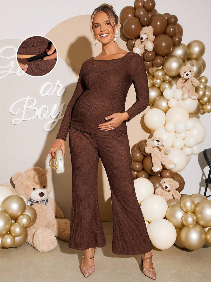 2 Piece Maternity Set Casual Solid Brown Long Sleeve Scoop Neck Top and Flare Pants for Pregnancy Baby Shower and Photoshoot