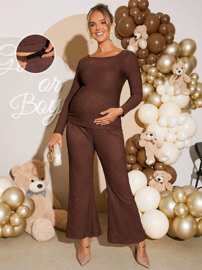 2 Piece Maternity Set Casual Solid Brown Long Sleeve Scoop Neck Top and Flare Pants for Pregnancy Baby Shower and Photoshoot