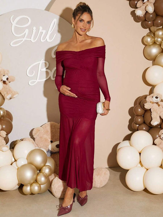 Maternity Off Shoulder Ruched Fishtail Dress - Long Sleeve Solid Color Fitted Elegant Gown for Baby Shower, Gender Reveal & Photoshoot
