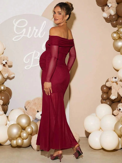 Maternity Off Shoulder Ruched Fishtail Dress - Long Sleeve Solid Color Fitted Elegant Gown for Baby Shower, Gender Reveal & Photoshoot