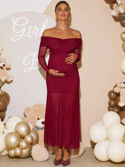 Maternity Off Shoulder Ruched Fishtail Dress - Long Sleeve Solid Color Fitted Elegant Gown for Baby Shower, Gender Reveal & Photoshoot