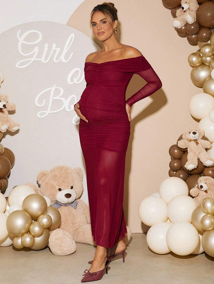 Maternity Off Shoulder Ruched Fishtail Dress - Long Sleeve Solid Color Fitted Elegant Gown for Baby Shower, Gender Reveal & Photoshoot