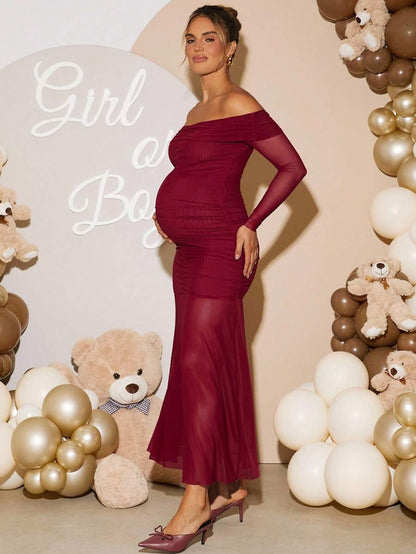 Maternity Off Shoulder Ruched Fishtail Dress - Long Sleeve Solid Color Fitted Elegant Gown for Baby Shower, Gender Reveal & Photoshoot