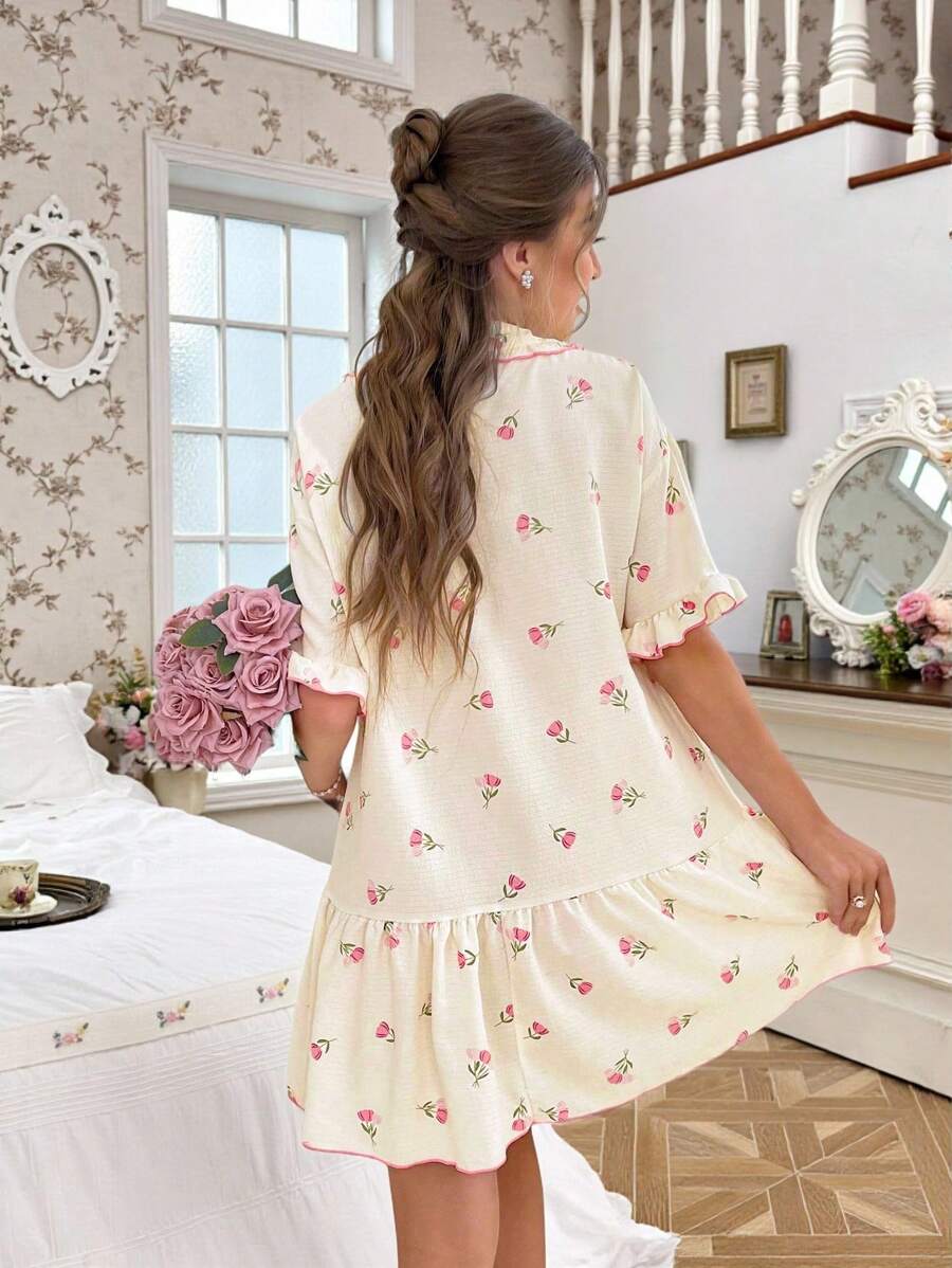 Women Floral Babydoll Pajama Dress Ruffle Hem Short Sleeve Sleepwear Summer Cozy Nightgown