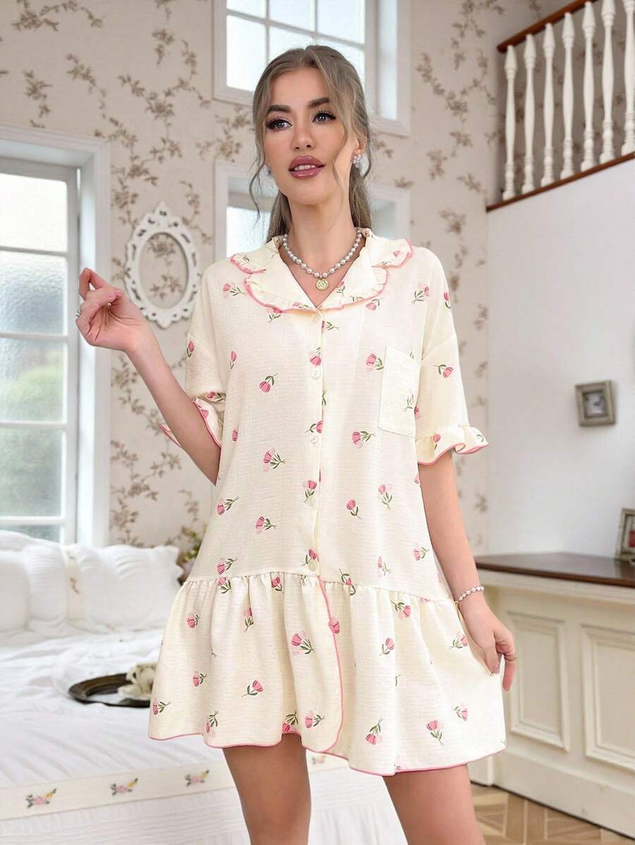 Women Floral Babydoll Pajama Dress Ruffle Hem Short Sleeve Sleepwear Summer Cozy Nightgown