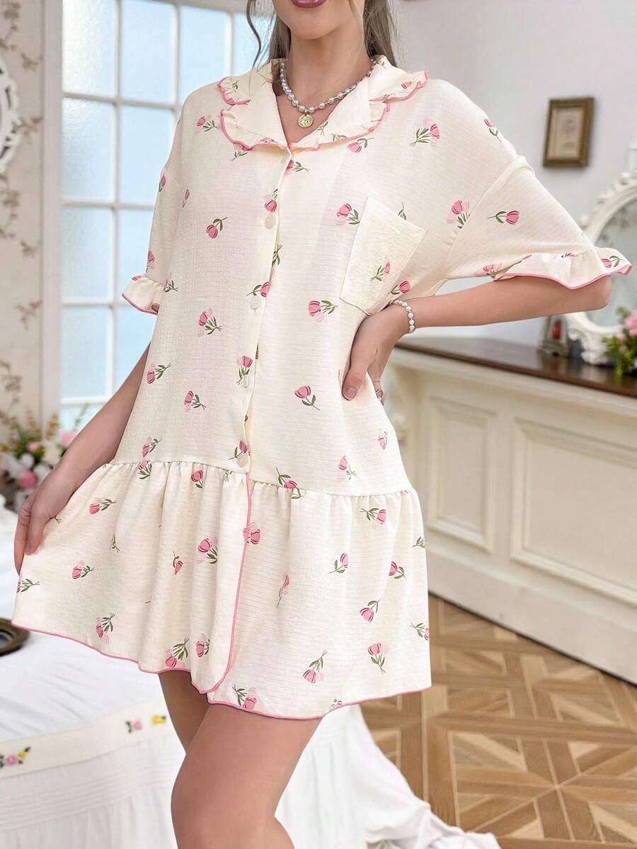 Women Floral Babydoll Pajama Dress Ruffle Hem Short Sleeve Sleepwear Summer Cozy Nightgown