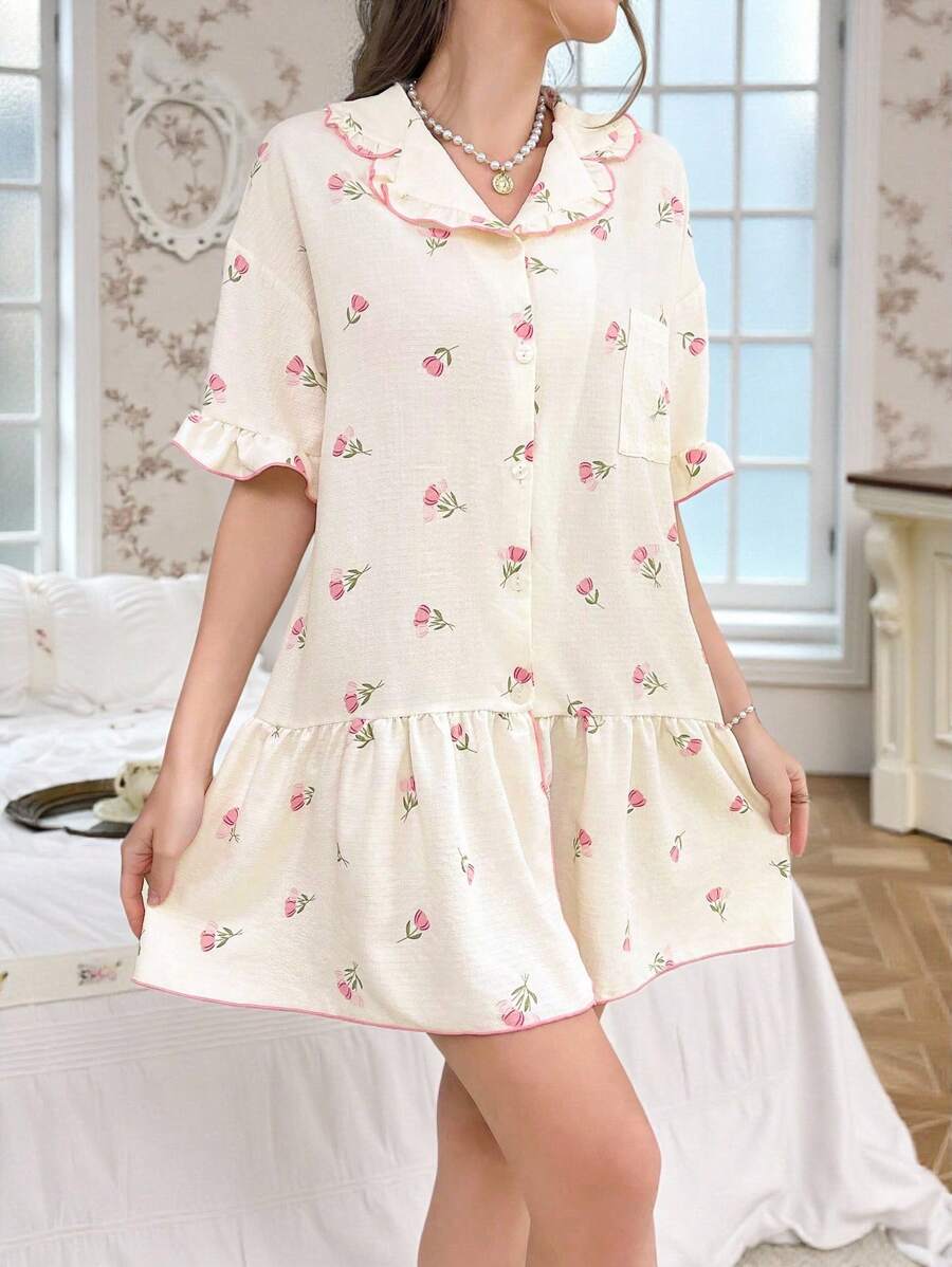 Women Floral Babydoll Pajama Dress Ruffle Hem Short Sleeve Sleepwear Summer Cozy Nightgown
